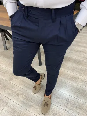 Jake Navy Double Pleated Buckled Slim Pants - Modern Elegance for Every Occasion