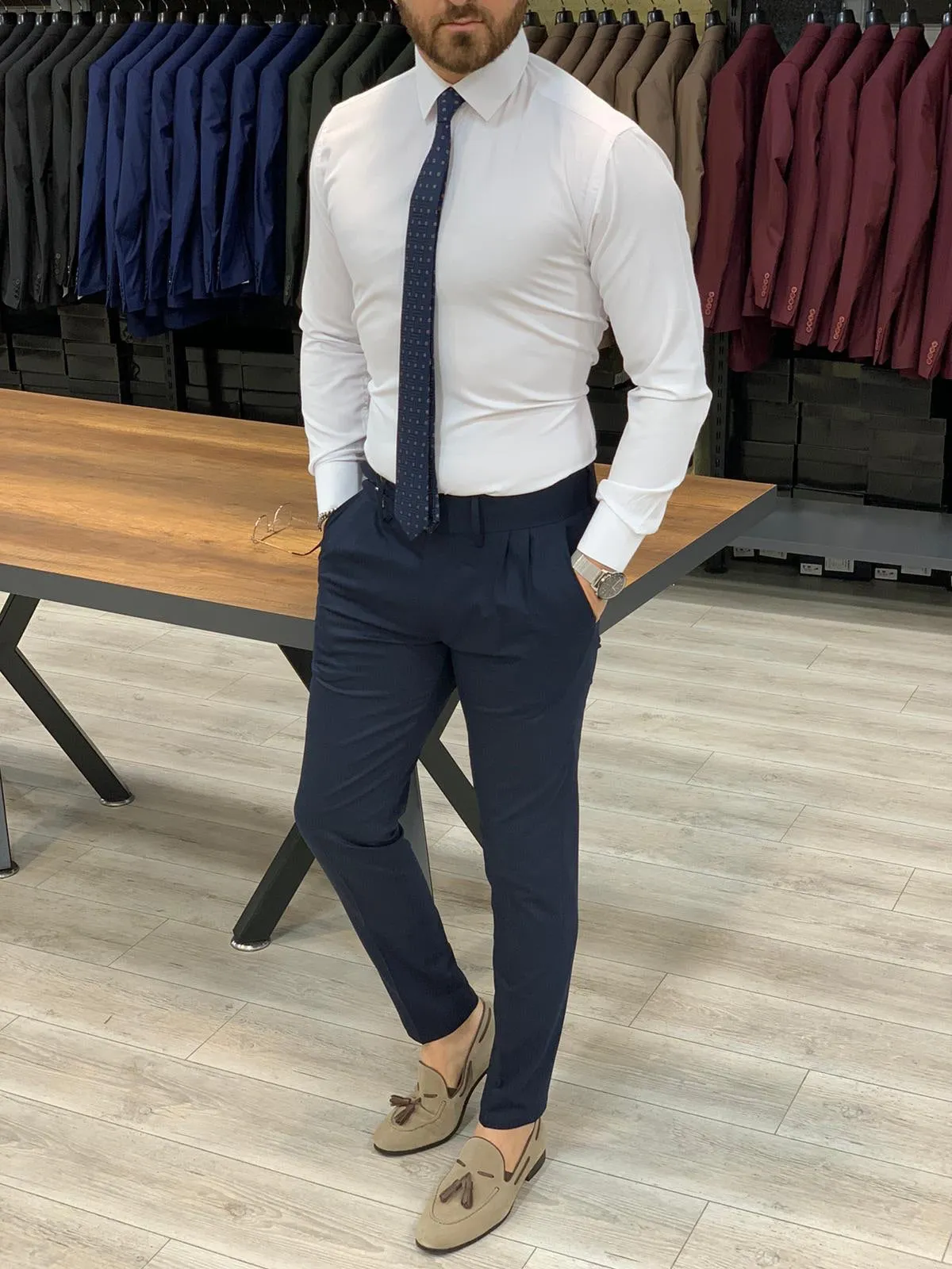 Jake Navy Double Pleated Buckled Slim Pants - Modern Elegance for Every Occasion