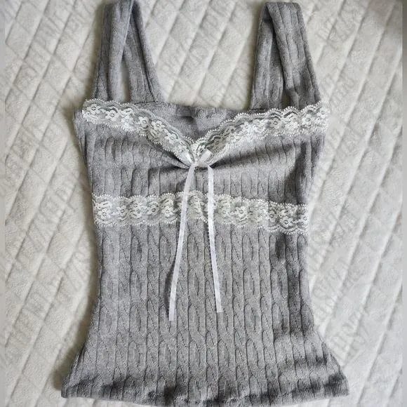JazzHer Y2K Women Emo Korean Cute Harajuku Sweet Soft Halter tops Vintage Lace Sleeveless Singlet Casual Camisole Maiden Chic Knitwear
