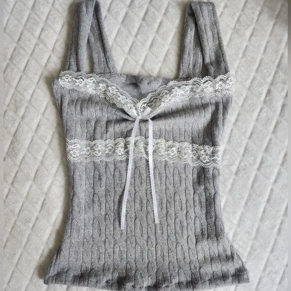 JazzHer Y2K Women Emo Korean Cute Harajuku Sweet Soft Halter tops Vintage Lace Sleeveless Singlet Casual Camisole Maiden Chic Knitwear