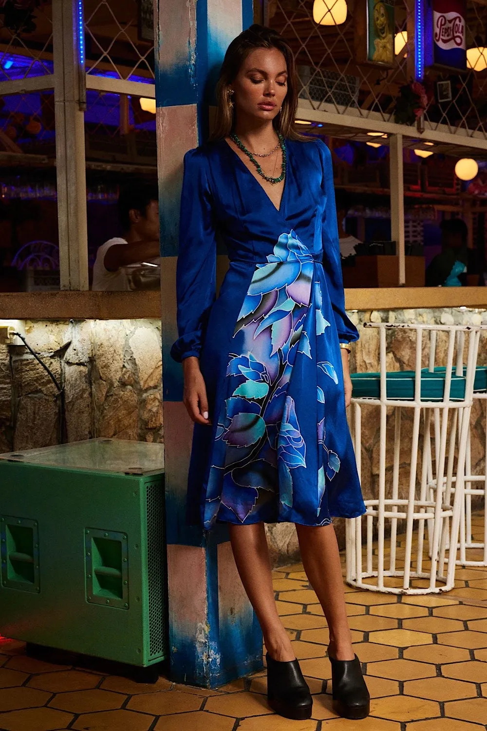 Just Like Paradise Silk Hand Painted Wrap Midi Dress