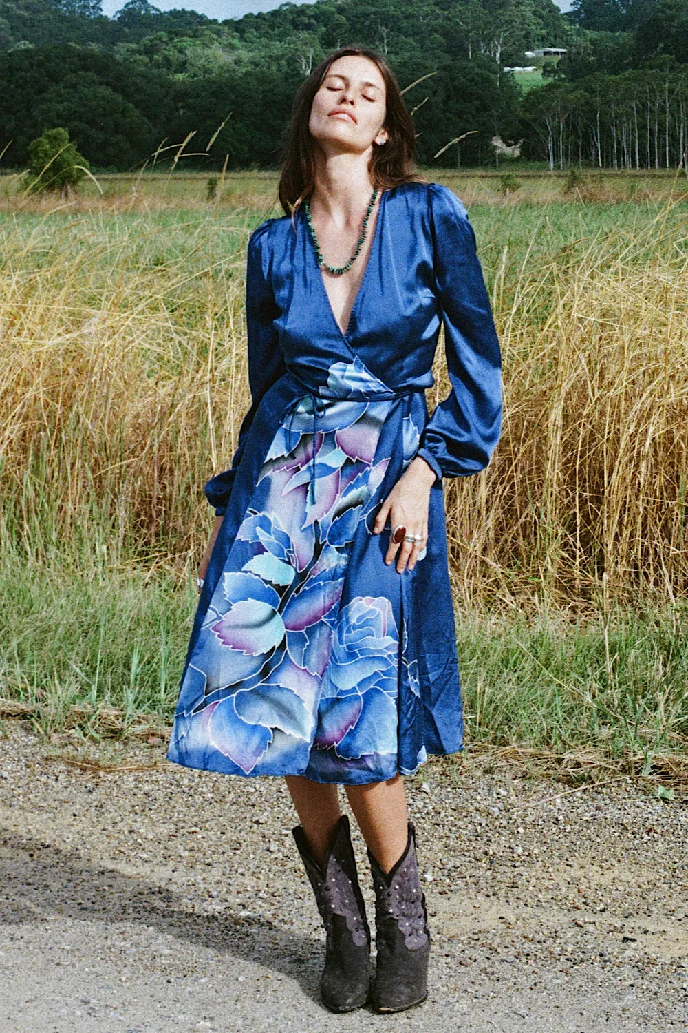 Just Like Paradise Silk Hand Painted Wrap Midi Dress