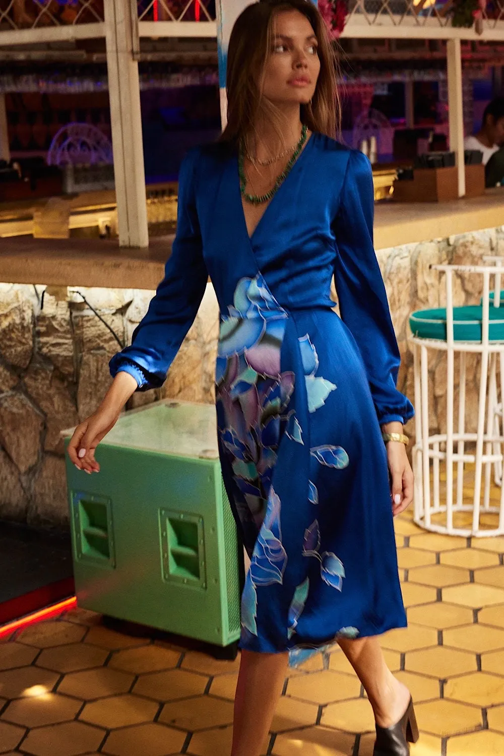 Just Like Paradise Silk Hand Painted Wrap Midi Dress