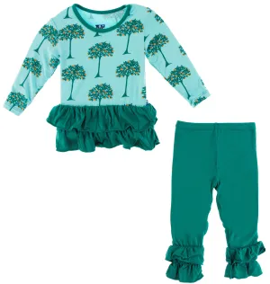 KicKee Pants Iceberg Orange Trees L/S Double Ruffle Outfit Set