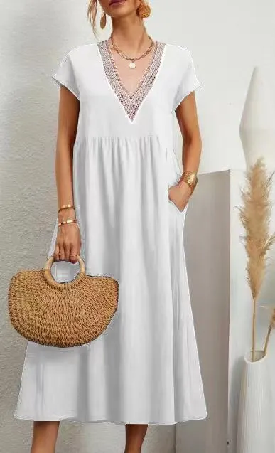 Lavine - Dress with loose pockets, V-neck and short sleeves, made of cotton and linen