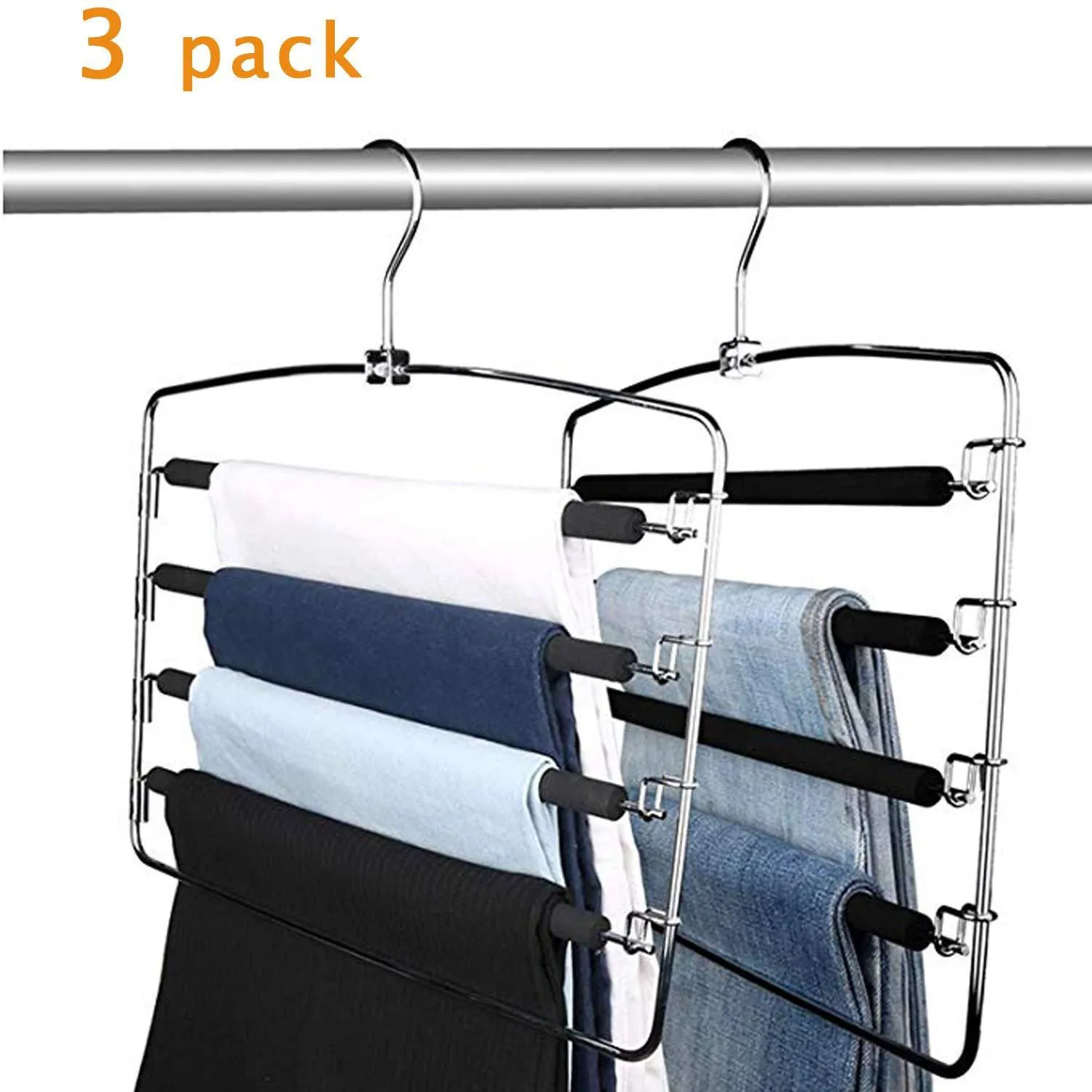 Lucky Life Clothes Pants Hangers 3-Pack Pant Slack Hangers Space Saving Non Slip Stainless Steel Closet Organizer with Foam Padded Swing Arm for Pants Jeans Scarf