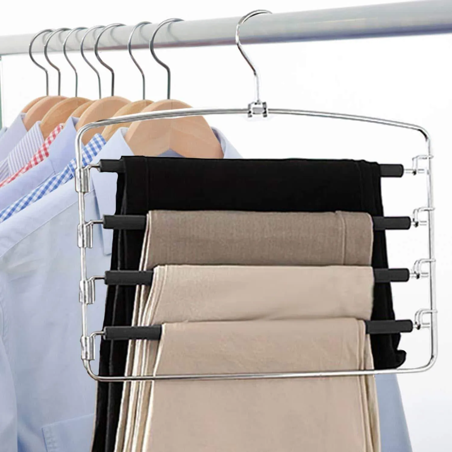 Lucky Life Clothes Pants Hangers 3-Pack Pant Slack Hangers Space Saving Non Slip Stainless Steel Closet Organizer with Foam Padded Swing Arm for Pants Jeans Scarf