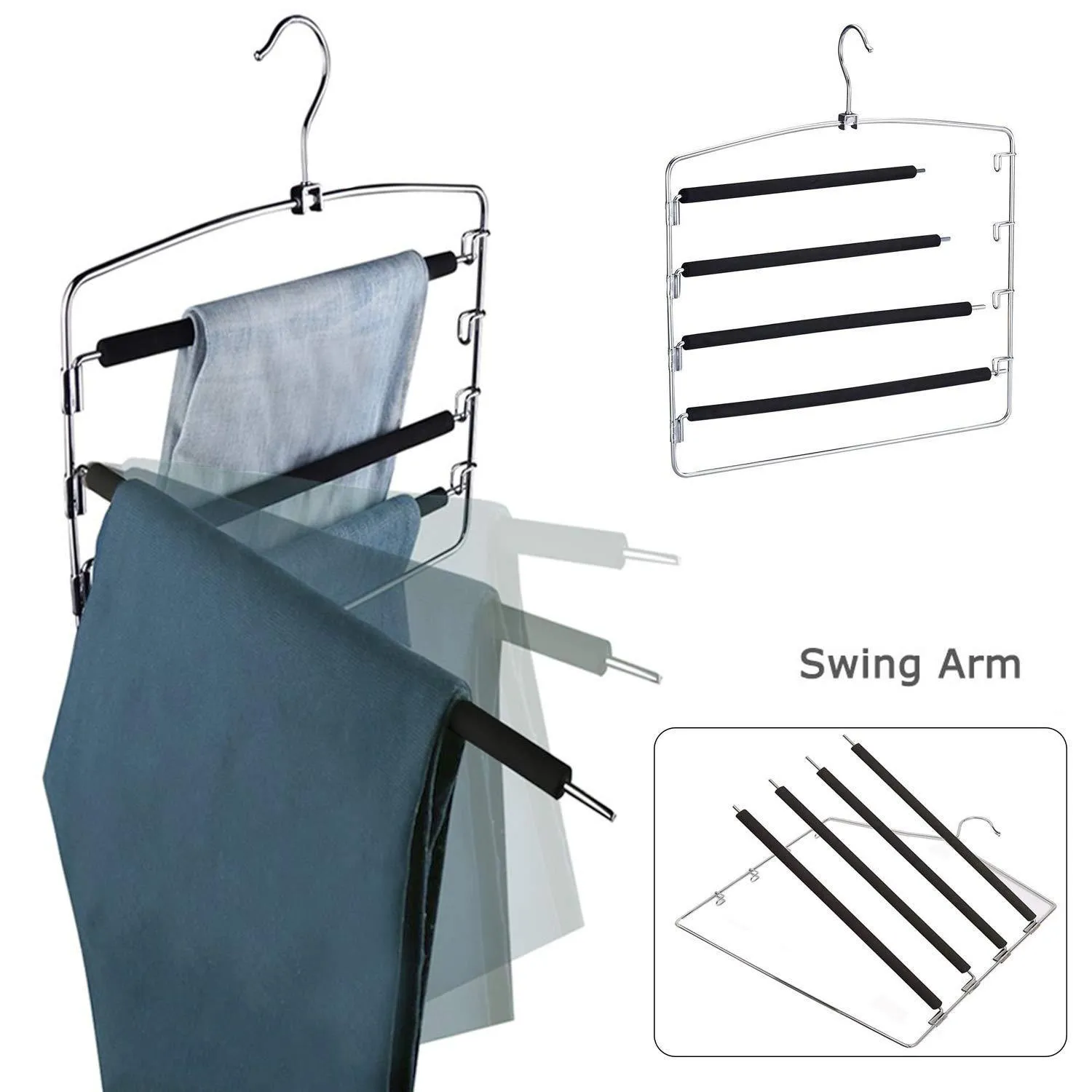 Lucky Life Clothes Pants Hangers 3-Pack Pant Slack Hangers Space Saving Non Slip Stainless Steel Closet Organizer with Foam Padded Swing Arm for Pants Jeans Scarf