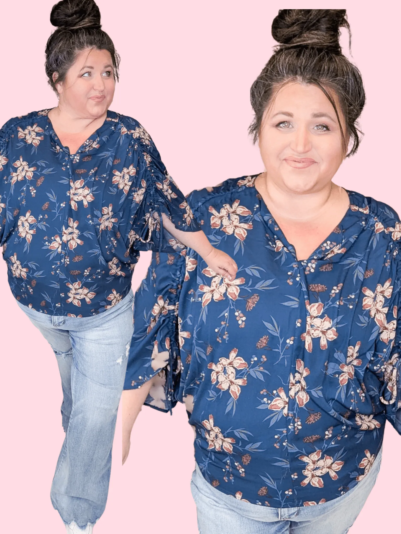 Luna Ruched 3/4 Sleeve Top in Navy Floral