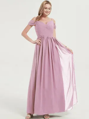 Mauve Spaghetti Straps Pleated Chiffon Floor Length Bridesmaid Dress