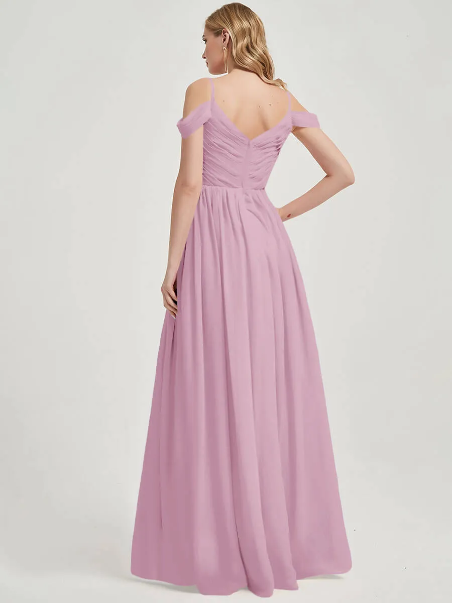 Mauve Spaghetti Straps Pleated Chiffon Floor Length Bridesmaid Dress