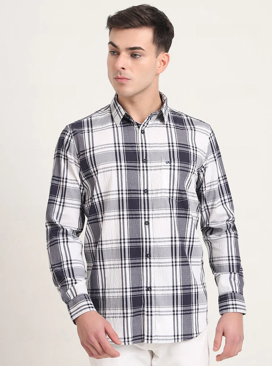 Navy Blue Checked Slim Fit Casual Shirt | JadeBlue