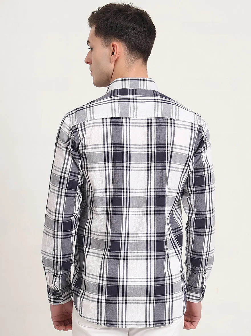 Navy Blue Checked Slim Fit Casual Shirt | JadeBlue