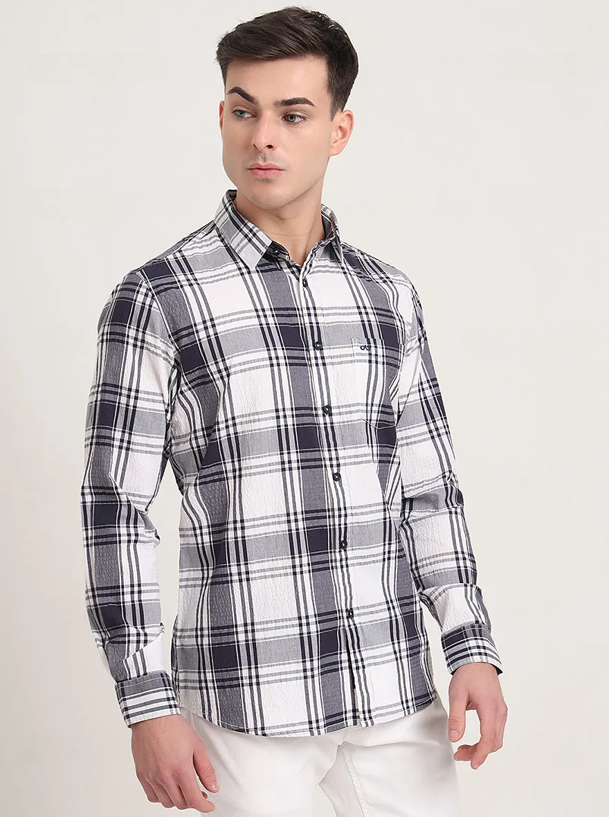 Navy Blue Checked Slim Fit Casual Shirt | JadeBlue