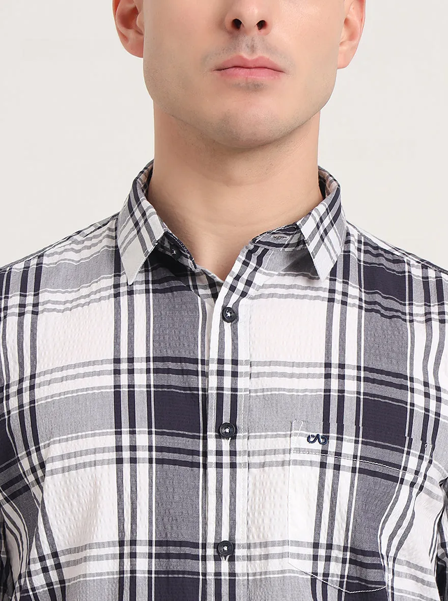 Navy Blue Checked Slim Fit Casual Shirt | JadeBlue