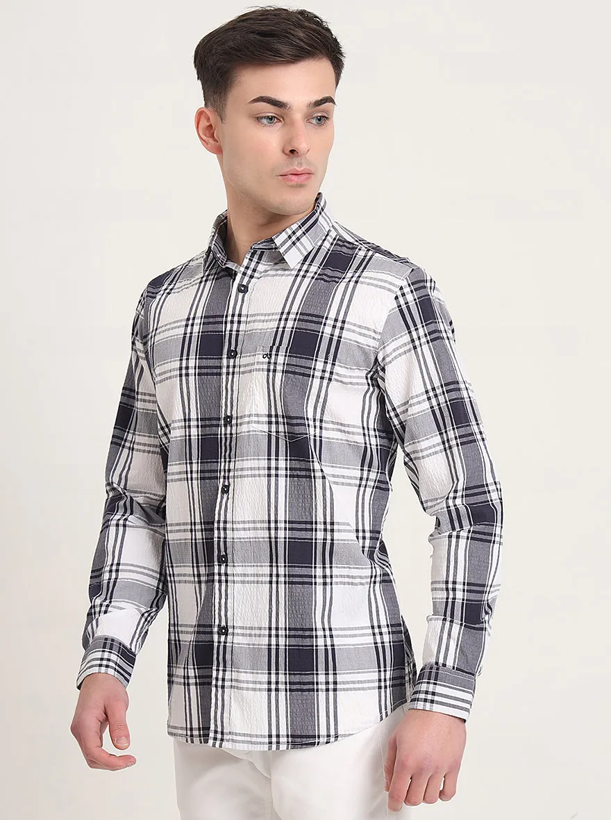 Navy Blue Checked Slim Fit Casual Shirt | JadeBlue