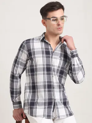 Navy Blue Checked Slim Fit Casual Shirt | JadeBlue