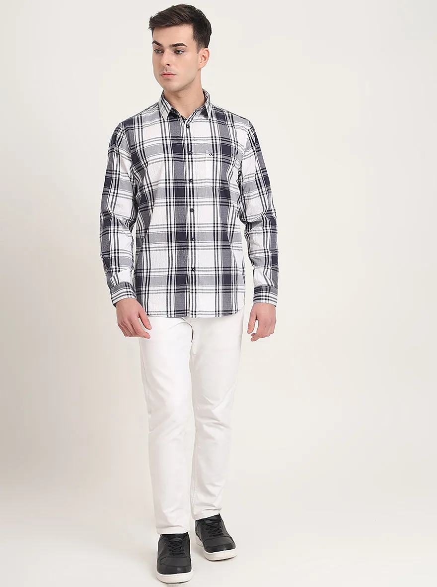 Navy Blue Checked Slim Fit Casual Shirt | JadeBlue