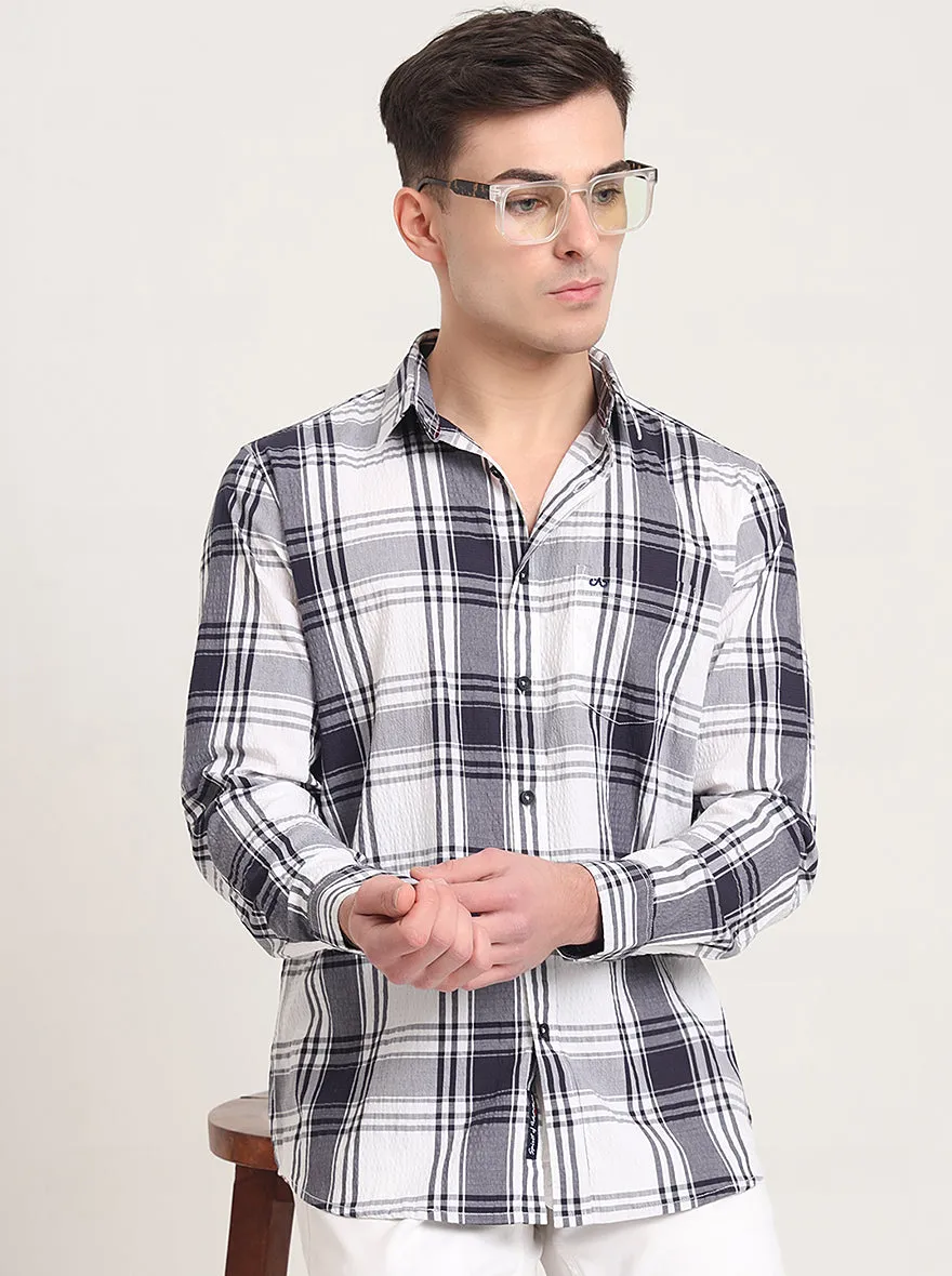Navy Blue Checked Slim Fit Casual Shirt | JadeBlue