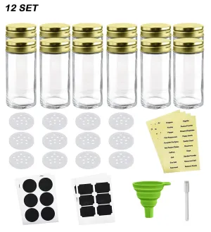 Nellam French Square Glass Spice Jars – Set of 12 with Shaker Lids and Chalkboard Sticker Labels, Small 4oz Bottles - Stackable Herbs and Spices Containers - Decorative Organizers in Gold