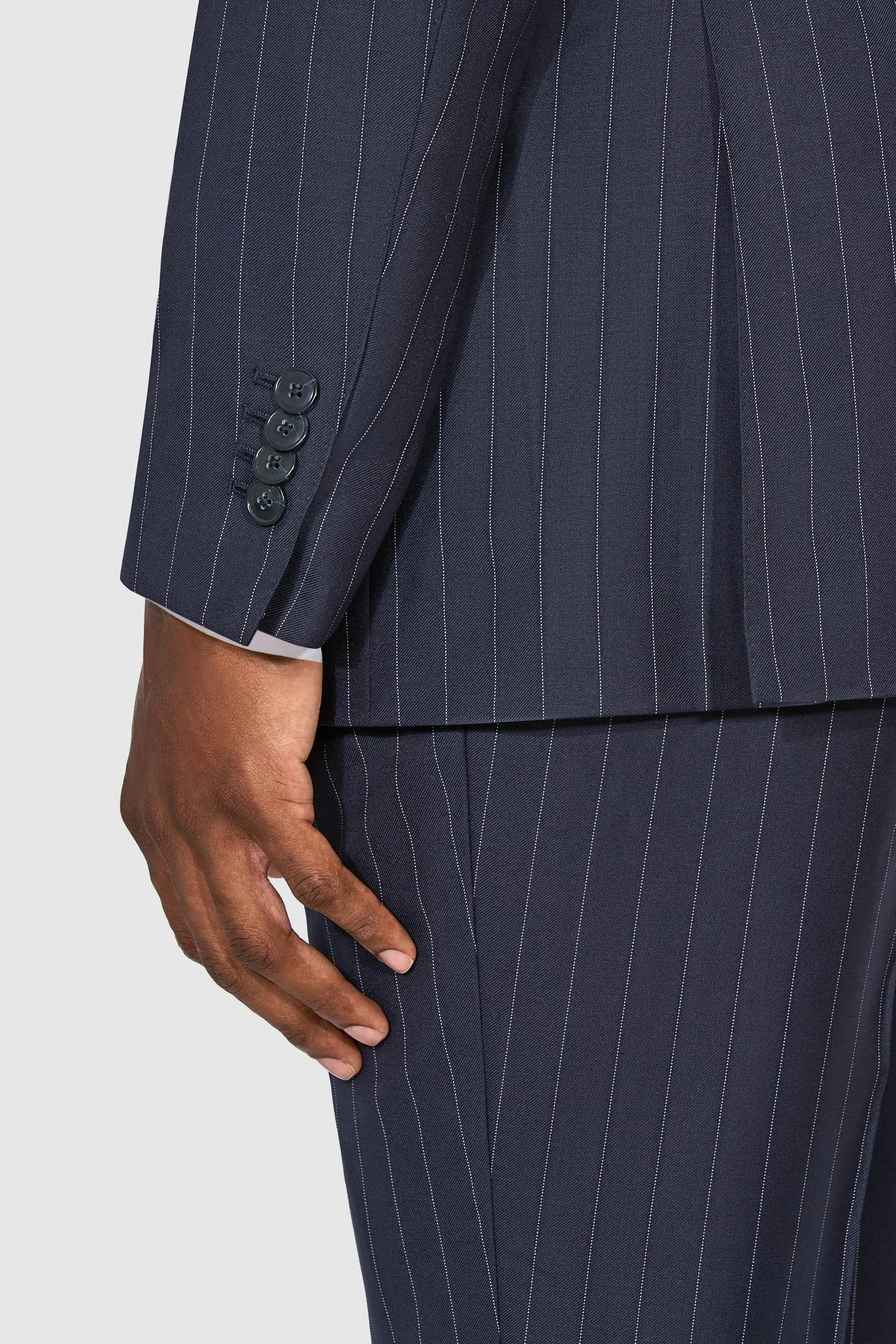New SUITREVIEW Elmhurst Navy Pinstripe Pure Wool All Season DB Suit - Size 38S (Waist Size 30) (Final Sale)
