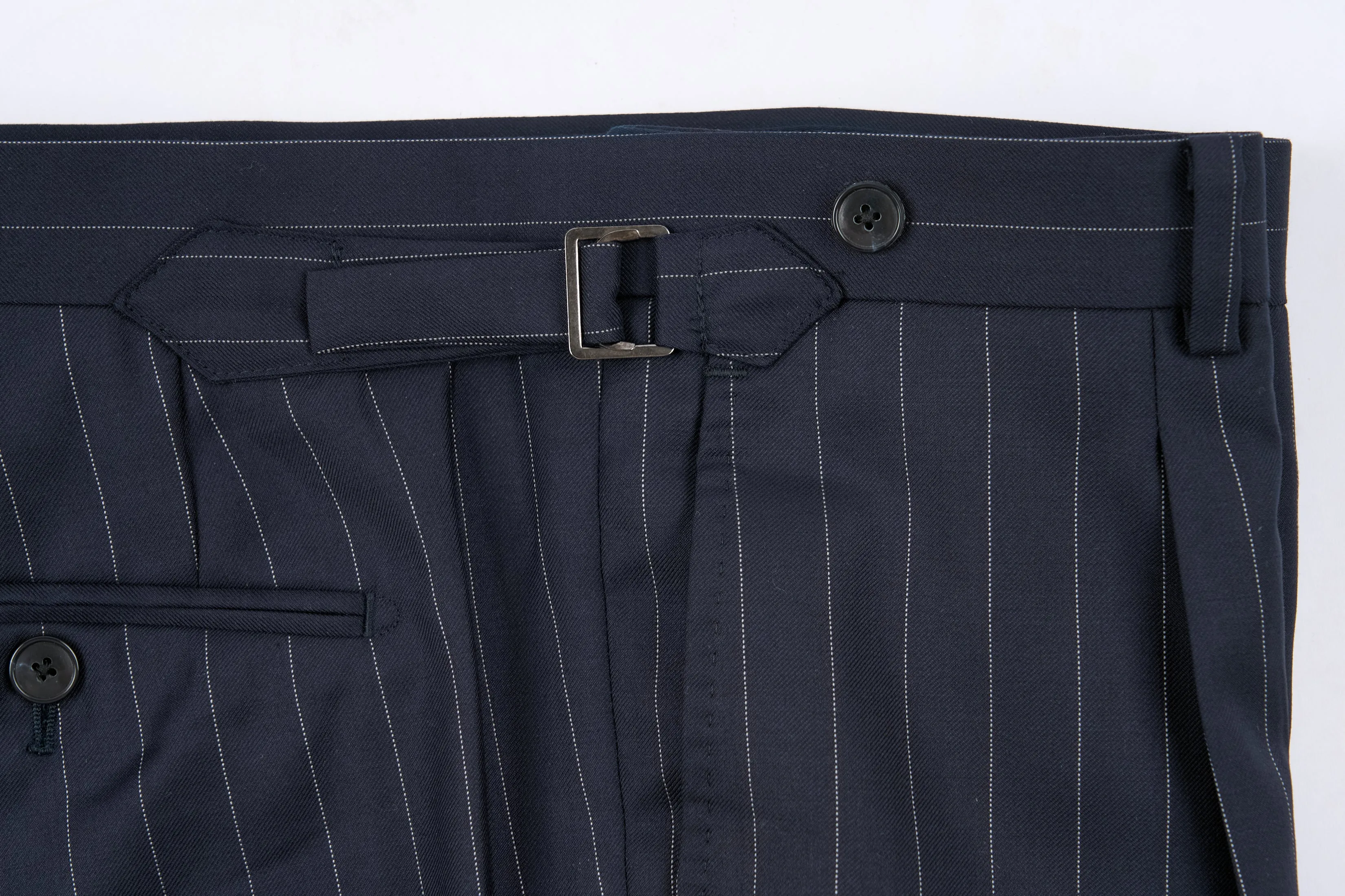 New SUITREVIEW Elmhurst Navy Pinstripe Pure Wool All Season DB Suit - Size 38S (Waist Size 30) (Final Sale)