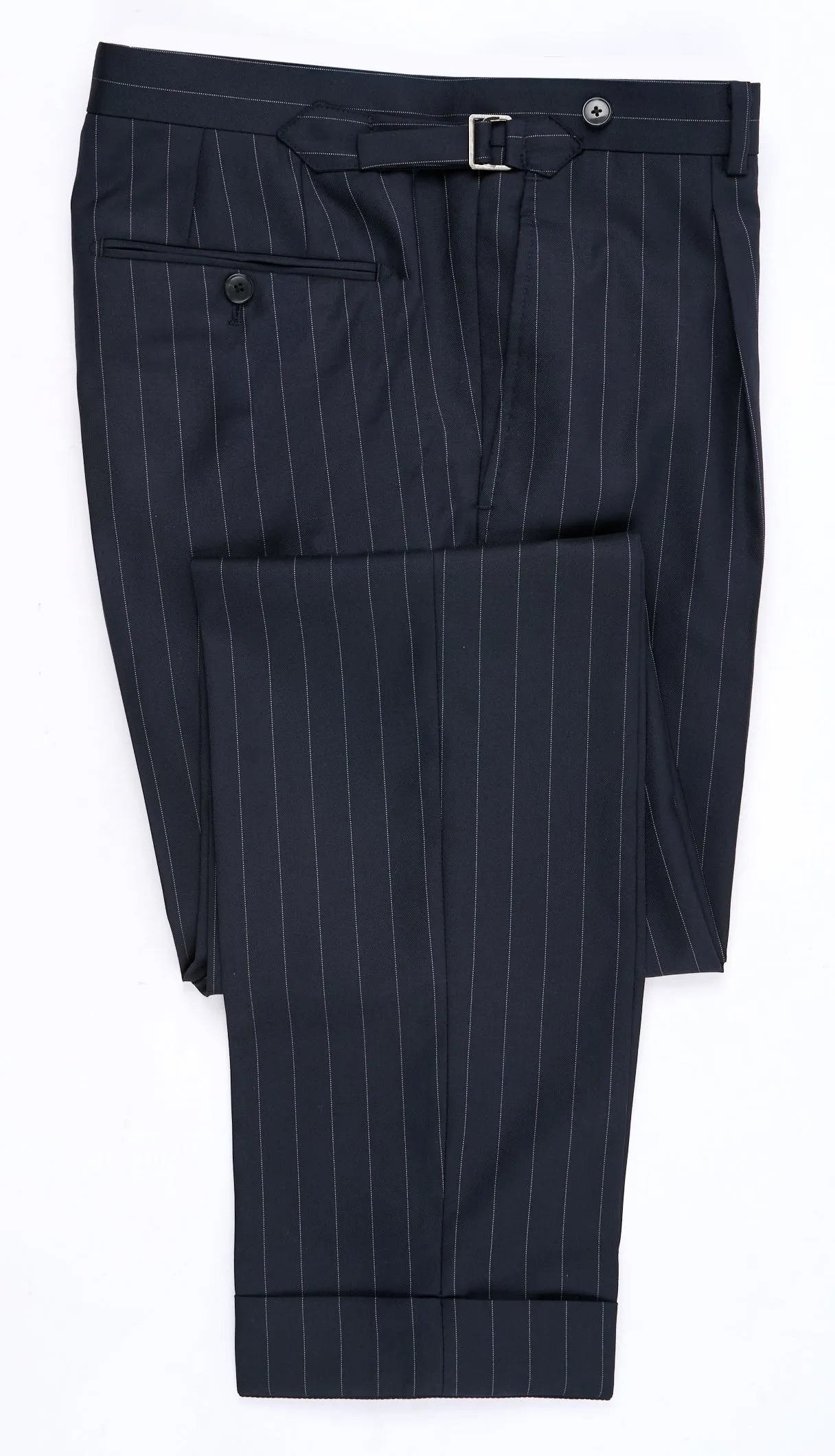 New SUITREVIEW Elmhurst Navy Pinstripe Pure Wool All Season DB Suit - Size 38S (Waist Size 30) (Final Sale)