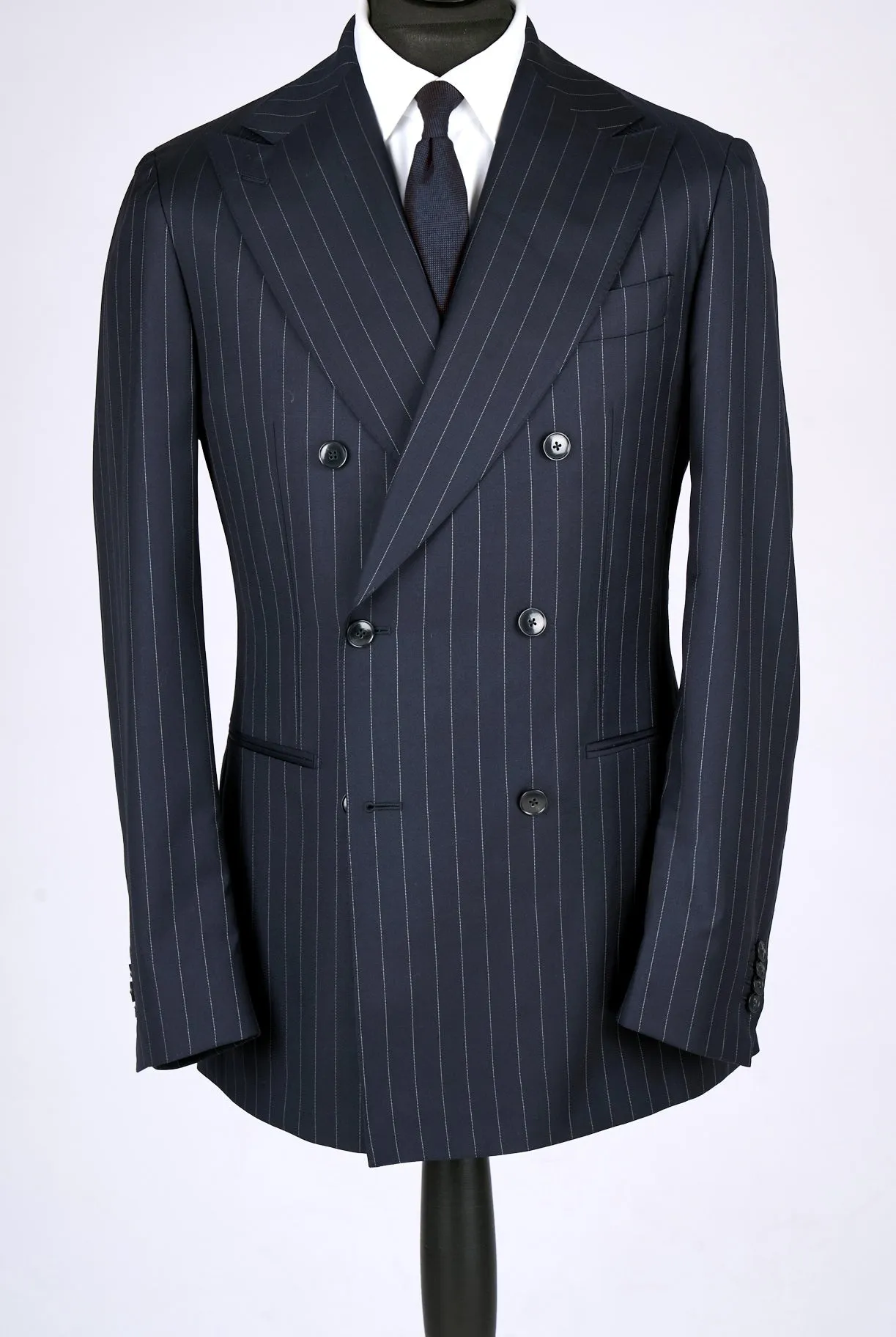 New SUITREVIEW Elmhurst Navy Pinstripe Pure Wool All Season DB Suit - Size 38S (Waist Size 30) (Final Sale)