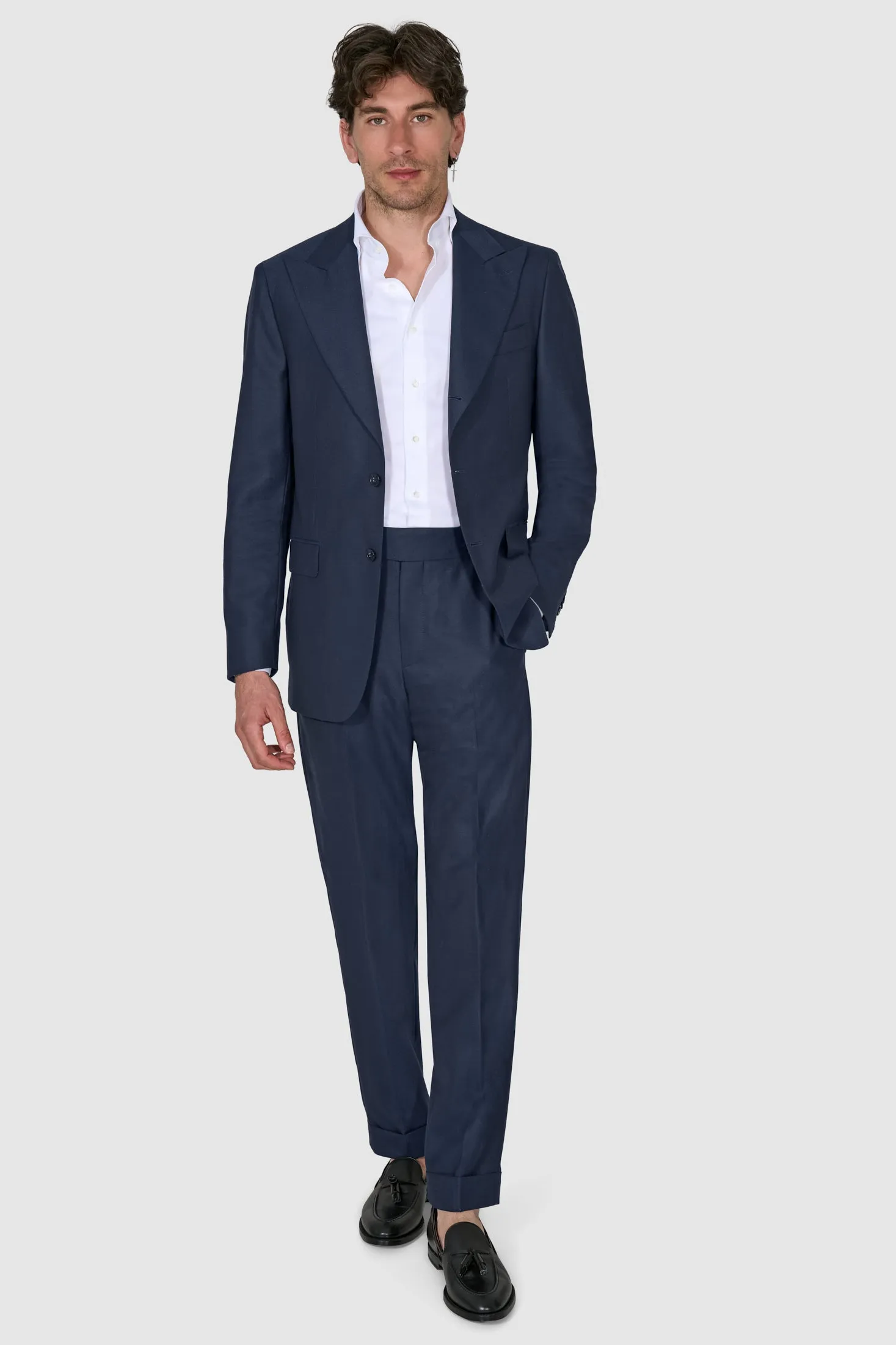 New SUITREVIEW Elmhurst Prussian Blue Pure Wool Traveller Peak Lapel Suit -  Size 36S (FINAL SALE)
