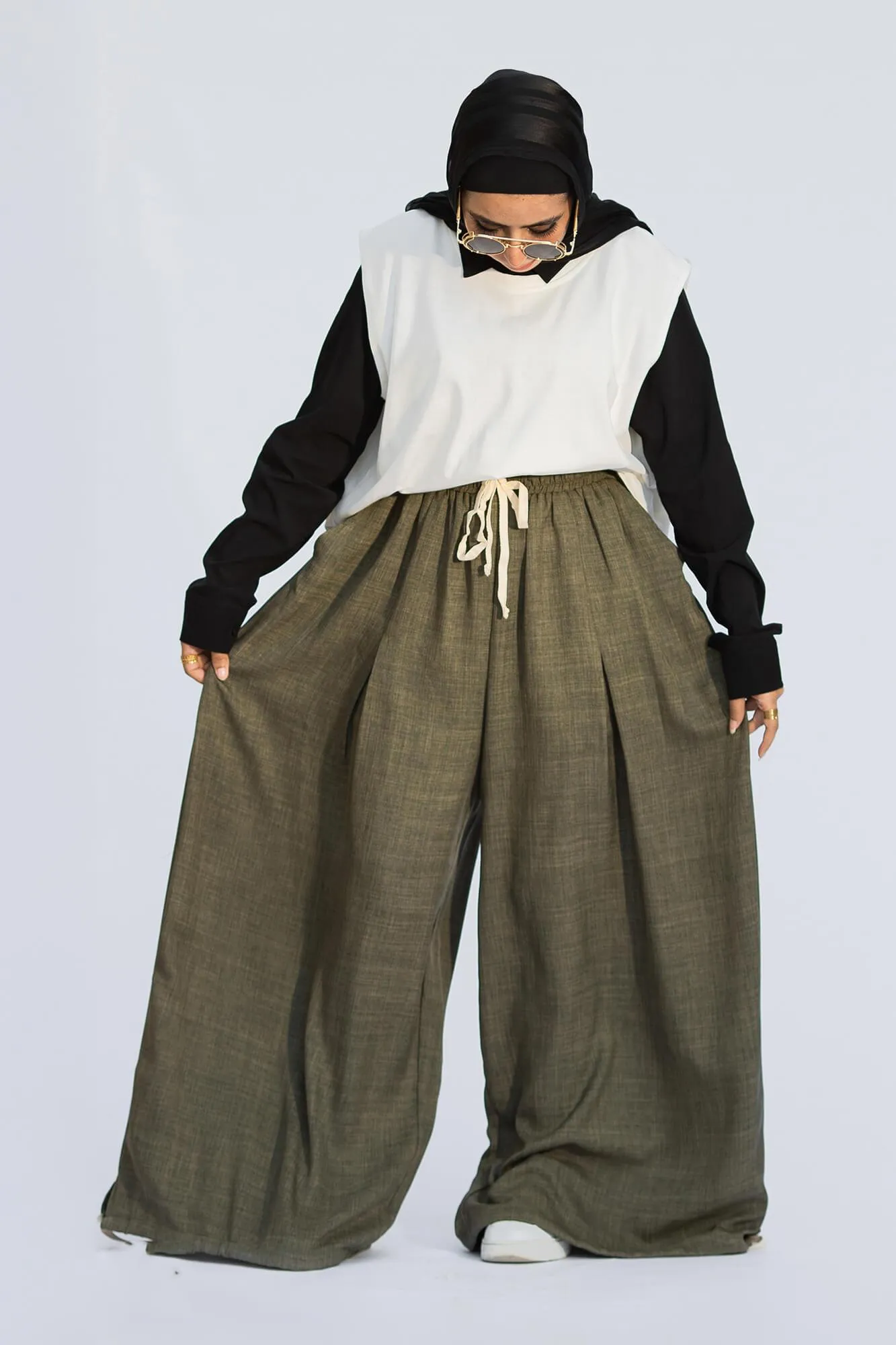 Olive Yasmin Wide-Leg Drawstring Pants