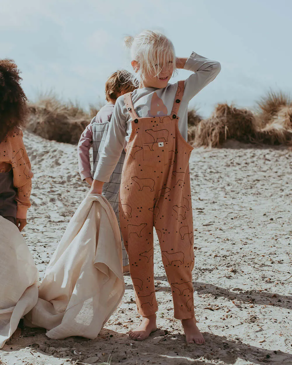 Orange Sketch Bear Print Dungarees