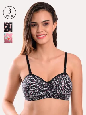 Pack of 3 Black & Pink Floral T-shirt Bra Lightly Padded
