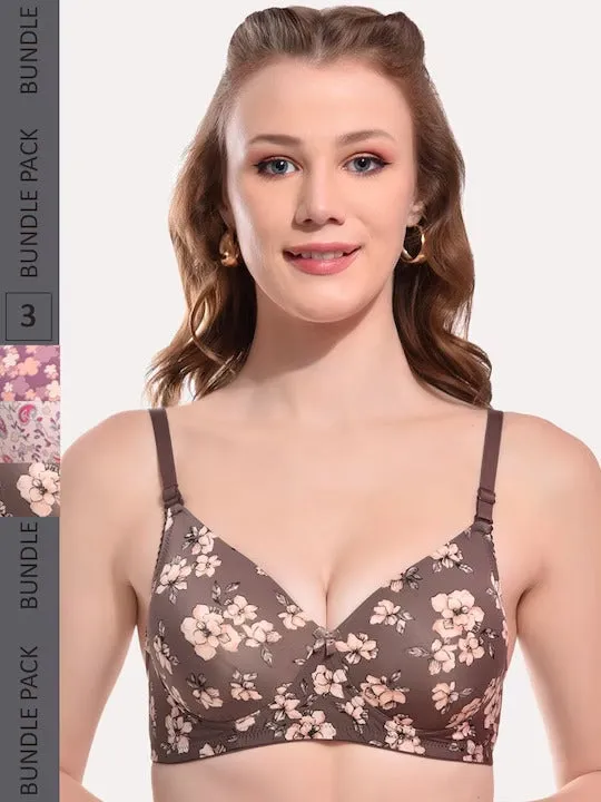 Pack of 3 Floral T-shirt Bra - Full Coverage Heavily Padded