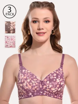 Pack of 3 Floral T-shirt Bra - Full Coverage Heavily Padded