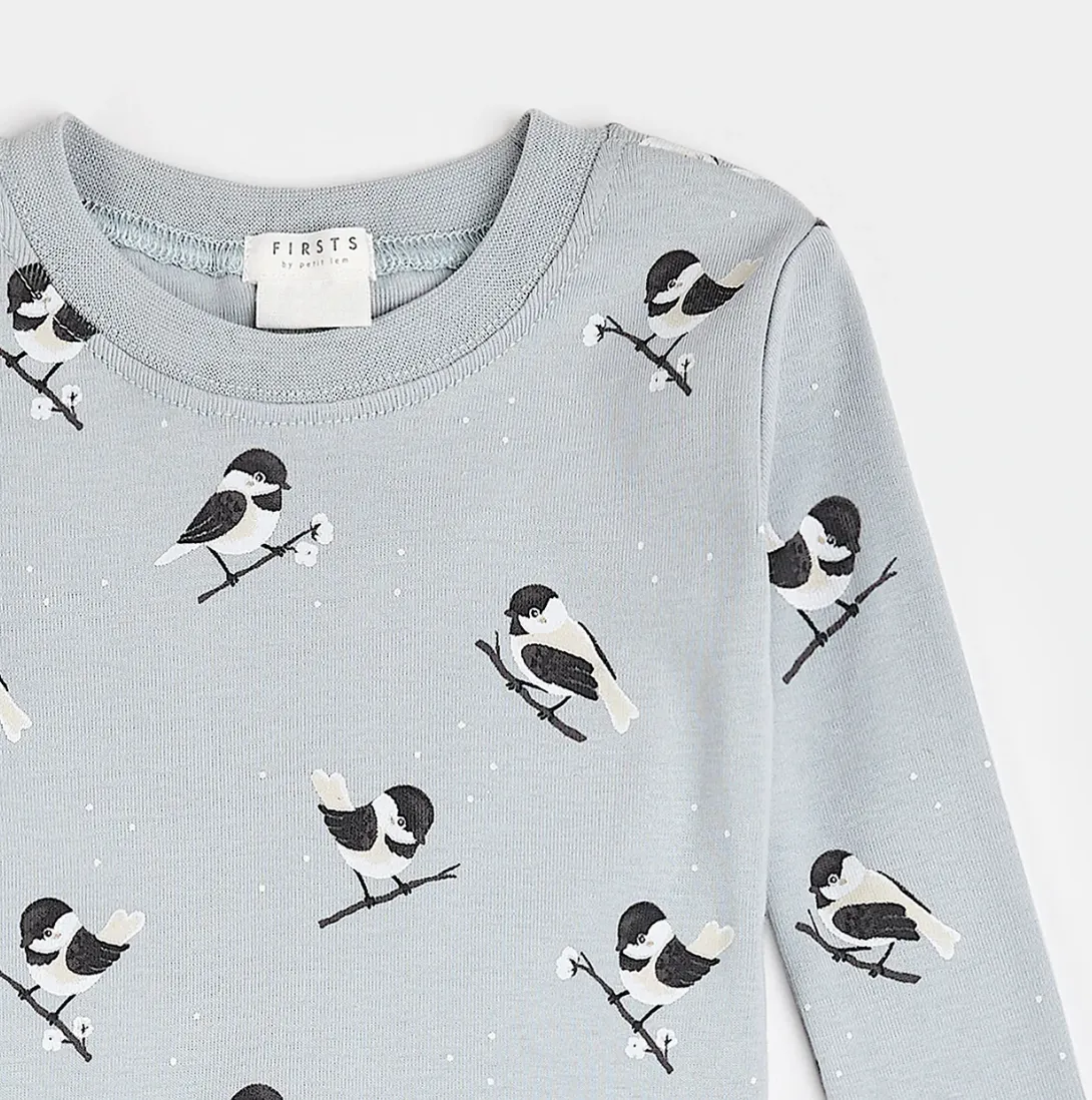 Petit Lem Chickadee Print Baby Pyjamas Pearl Blue