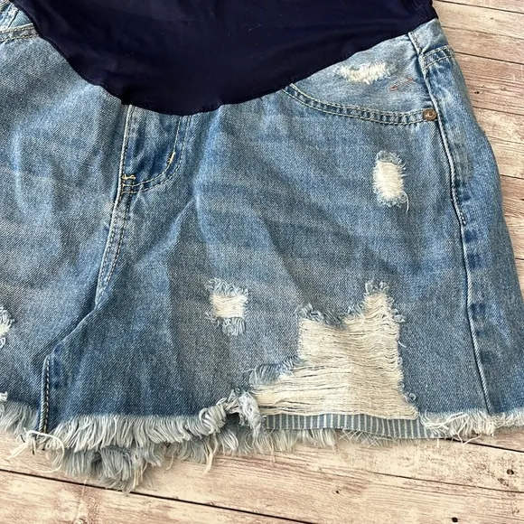 Pinkblush Medium Wash Distressed Fringe Hem Maternity Full Panel Jean Shorts