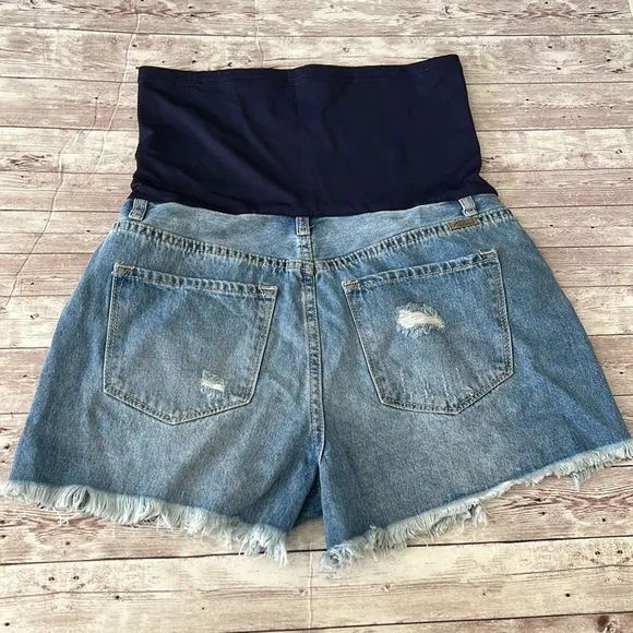 Pinkblush Medium Wash Distressed Fringe Hem Maternity Full Panel Jean Shorts