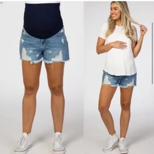 Pinkblush Medium Wash Distressed Fringe Hem Maternity Full Panel Jean Shorts