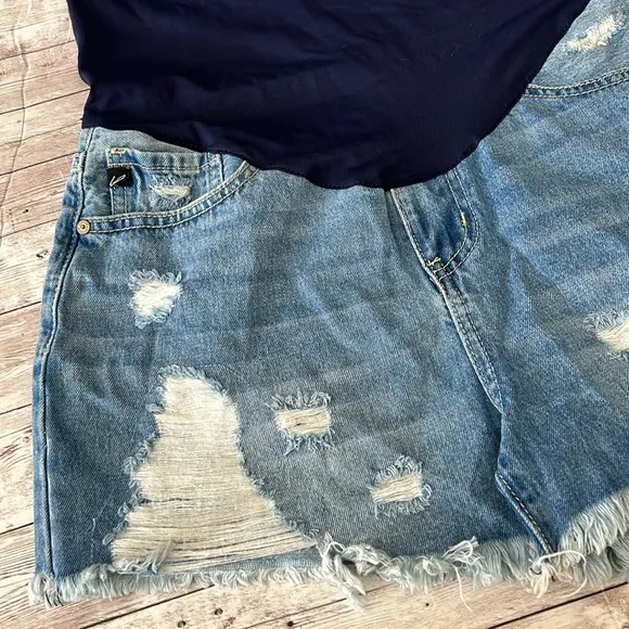 Pinkblush Medium Wash Distressed Fringe Hem Maternity Full Panel Jean Shorts