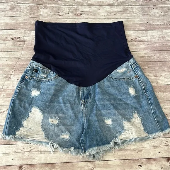 Pinkblush Medium Wash Distressed Fringe Hem Maternity Full Panel Jean Shorts