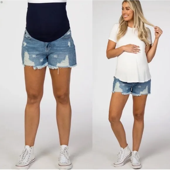 Pinkblush Medium Wash Distressed Fringe Hem Maternity Full Panel Jean Shorts