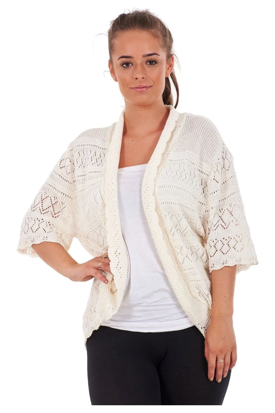 Plus Size Knitted Crochet Short Sleeve Shrug - White Wine Yellow Turquoise