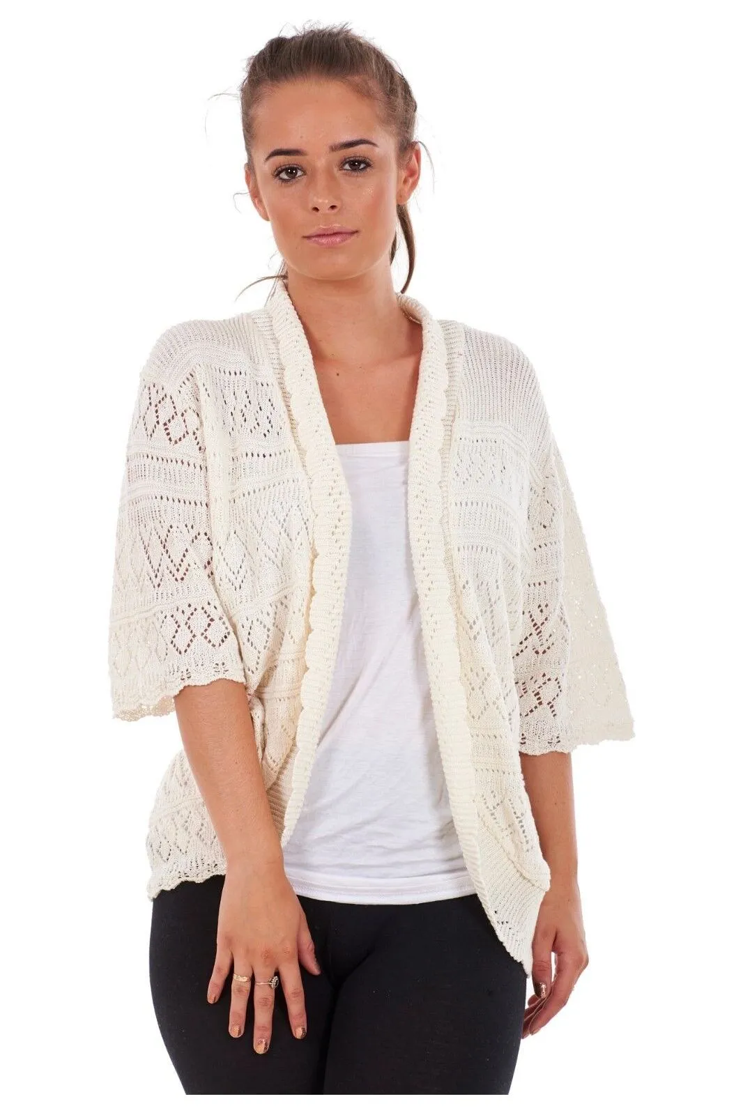 Plus Size Knitted Crochet Short Sleeve Shrug - White Wine Yellow Turquoise