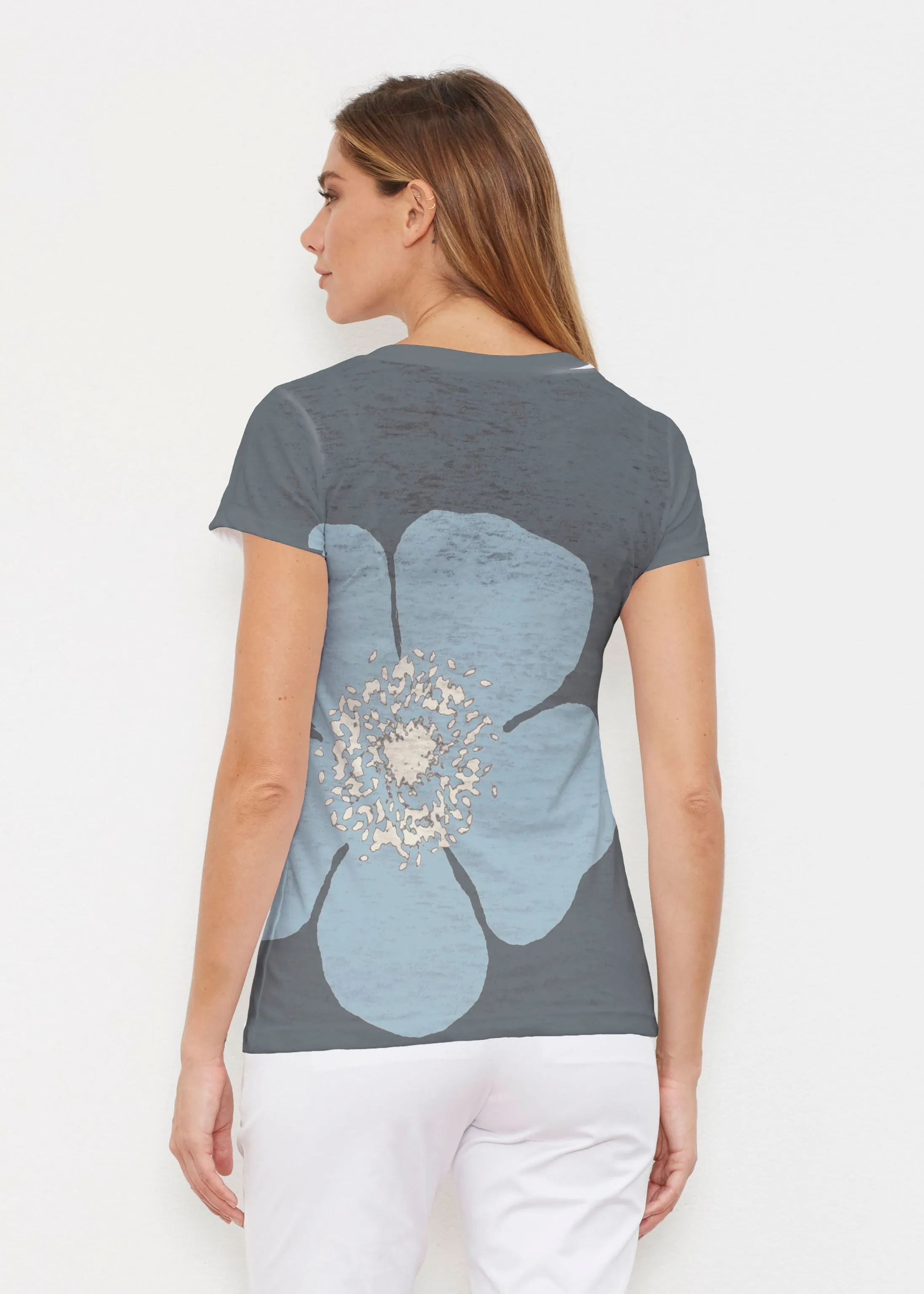 Poppy SteelBlue-Grey (7066) ~ Signature Cap Sleeve V-Neck Shirt
