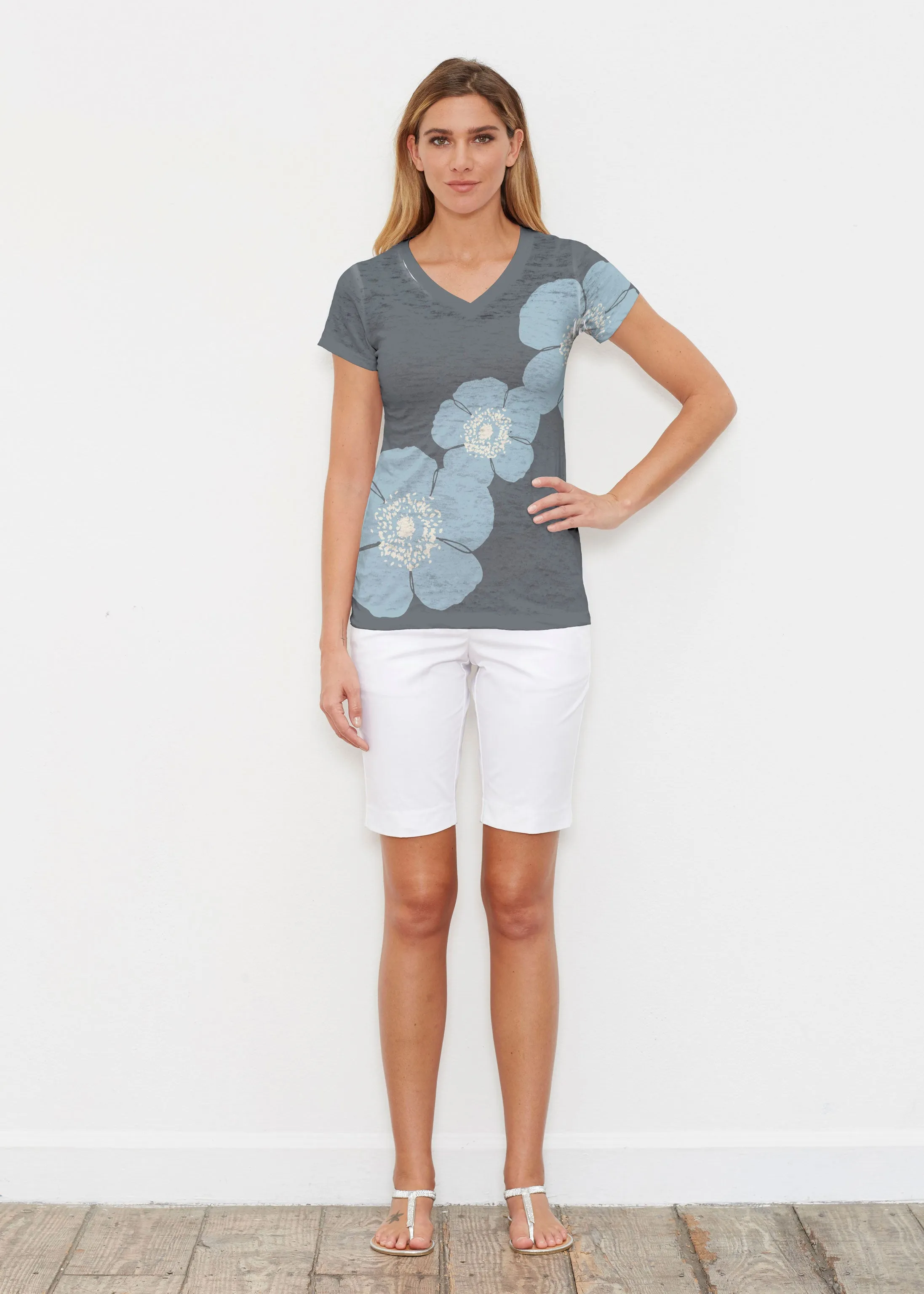 Poppy SteelBlue-Grey (7066) ~ Signature Cap Sleeve V-Neck Shirt