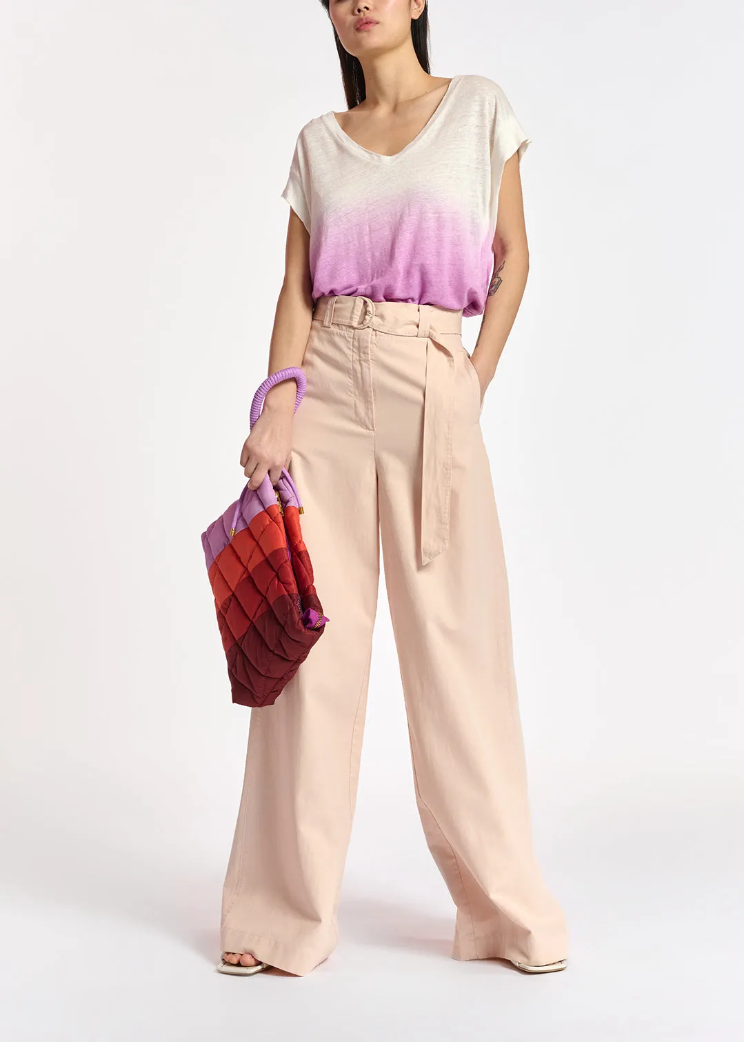 Powder pink belted high-waisted wide-leg jeans