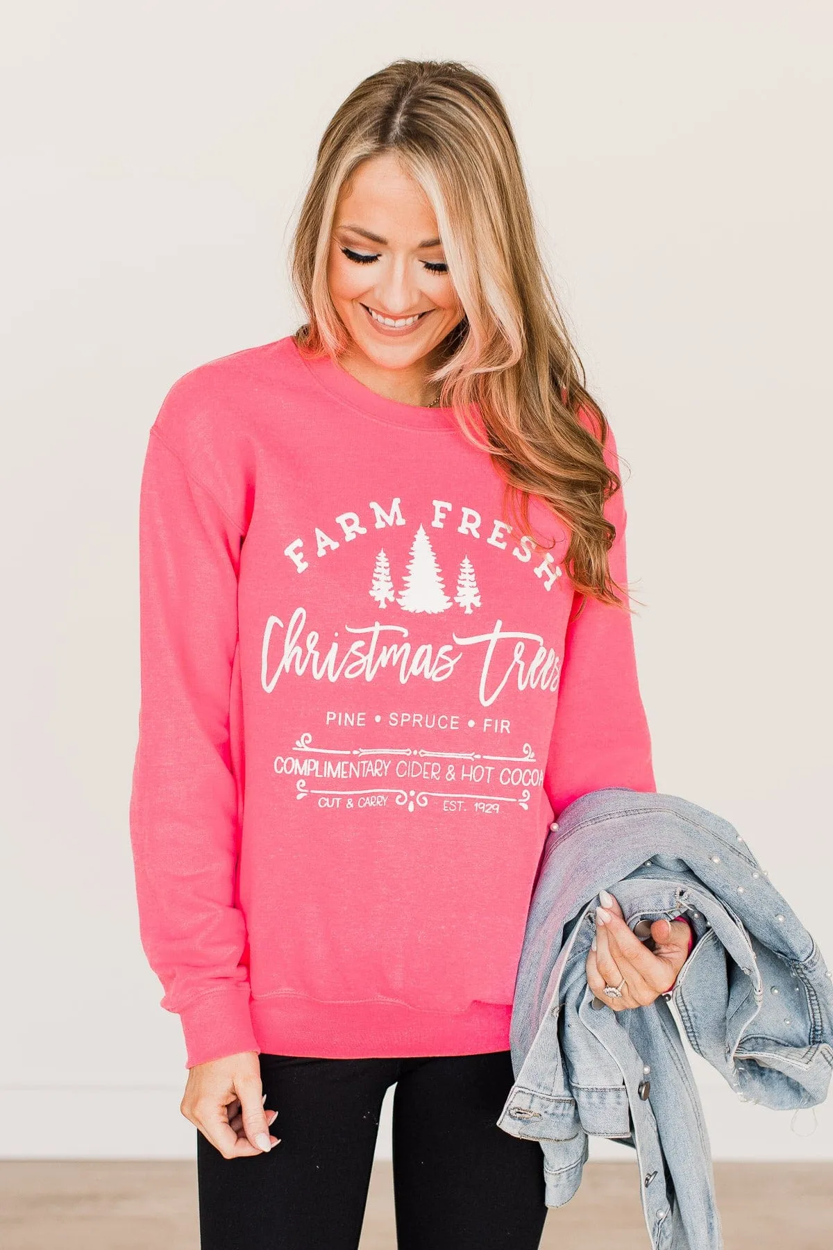 "Farm Fresh Christmas Trees" Graphic Crewneck- Neon Pink