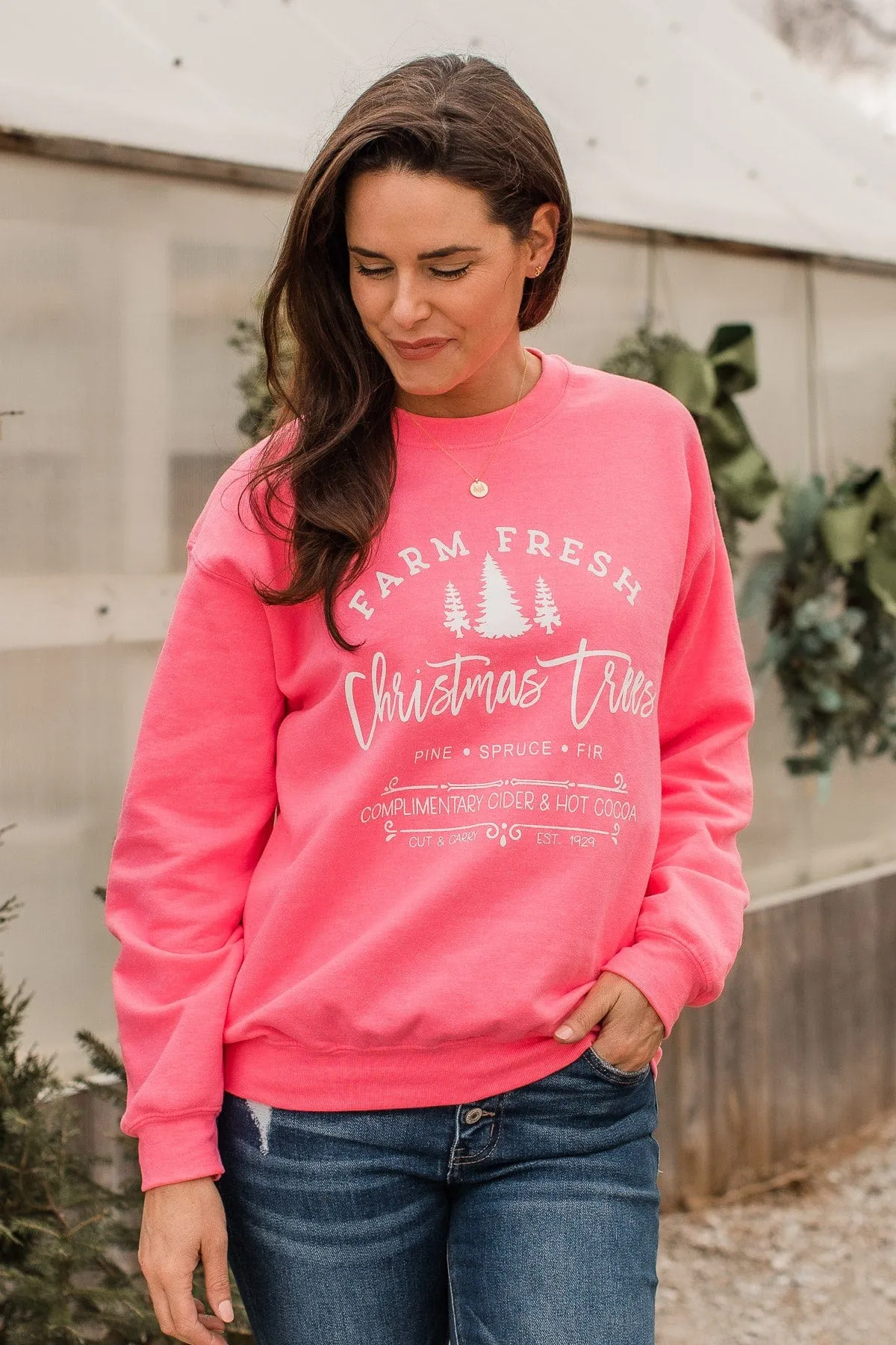 "Farm Fresh Christmas Trees" Graphic Crewneck- Neon Pink
