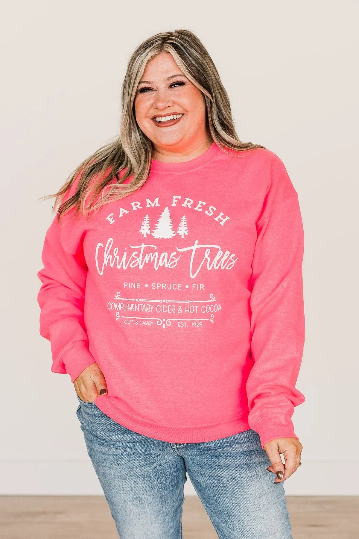 "Farm Fresh Christmas Trees" Graphic Crewneck- Neon Pink