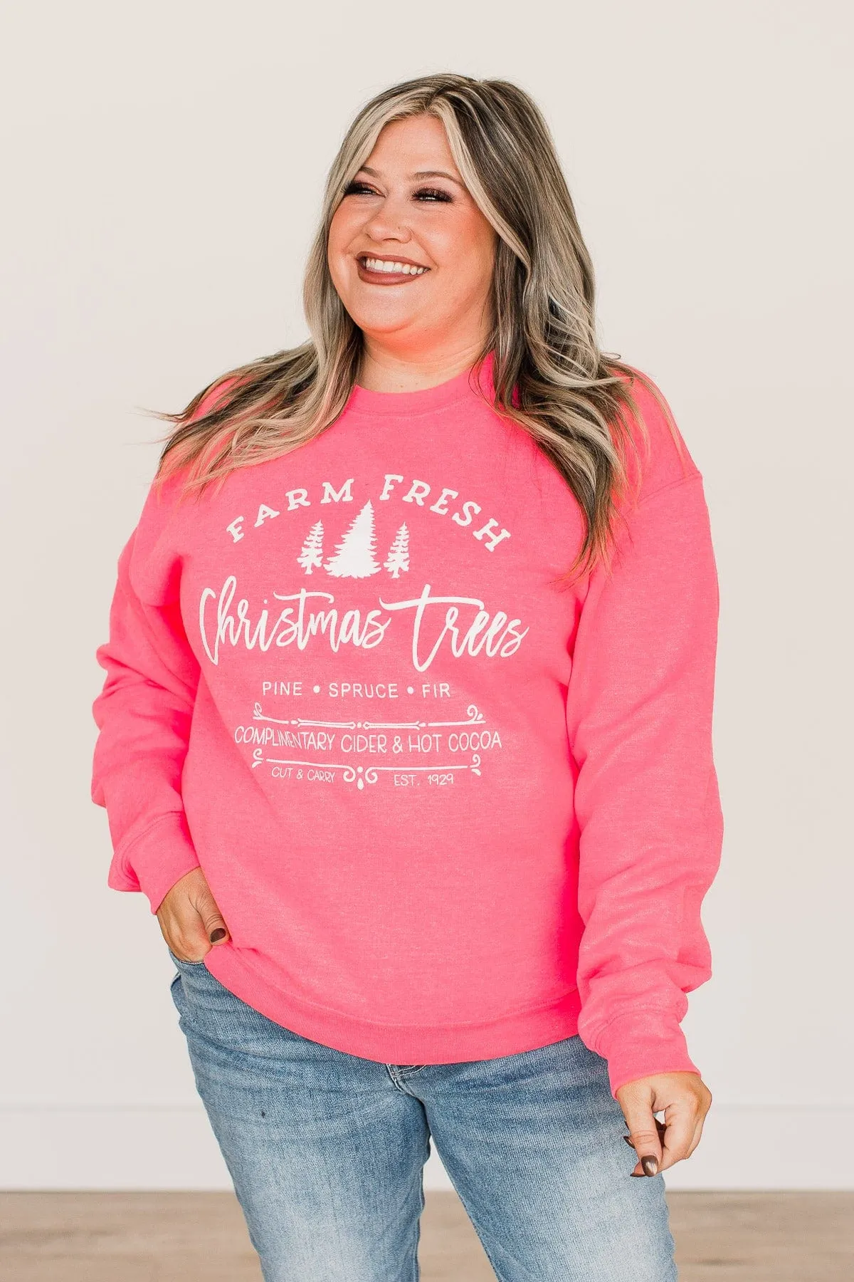 "Farm Fresh Christmas Trees" Graphic Crewneck- Neon Pink